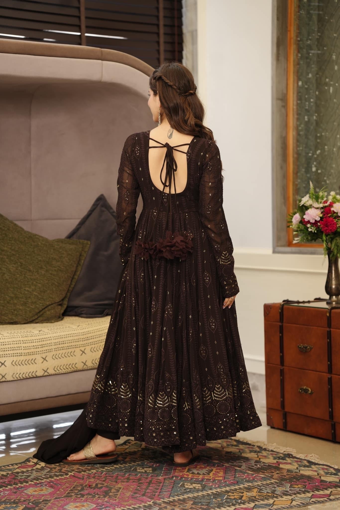 Sanaya's Black And Red Anarkali Suit Set-Fill Stiched