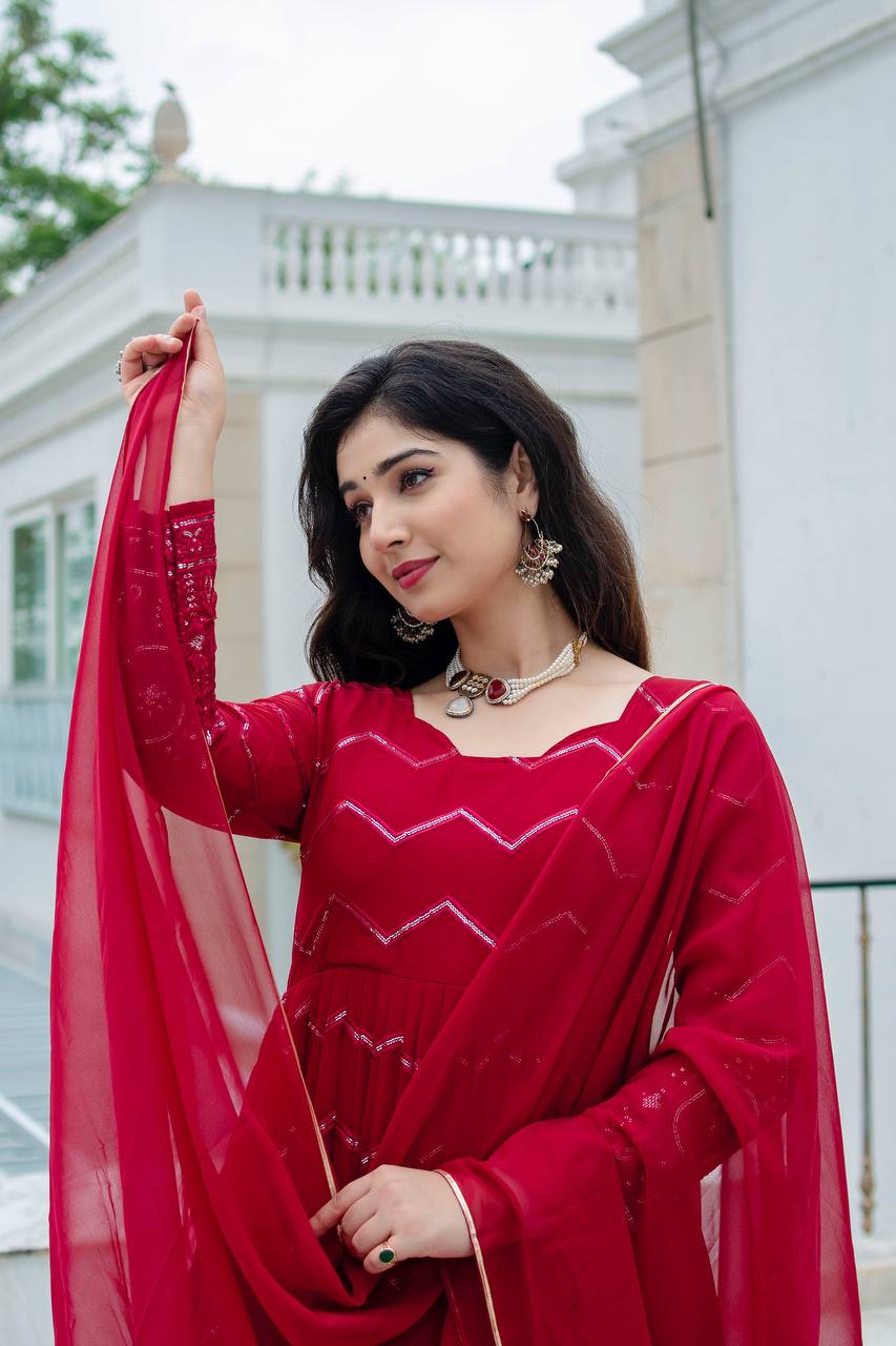 New PartyWear Beautiful Red Color Faux Georgette with all-over embroidery work Anarkali Set