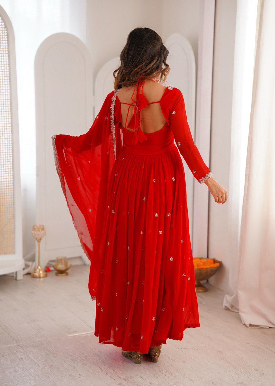 Elegant Georgette Gown Set with Pant & Embroidered Dupatta
