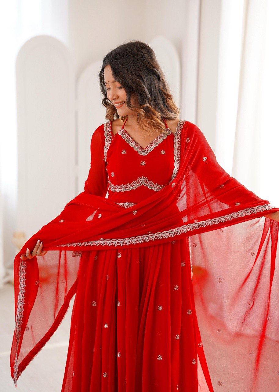 Elegant Georgette Gown Set with Pant & Embroidered Dupatta
