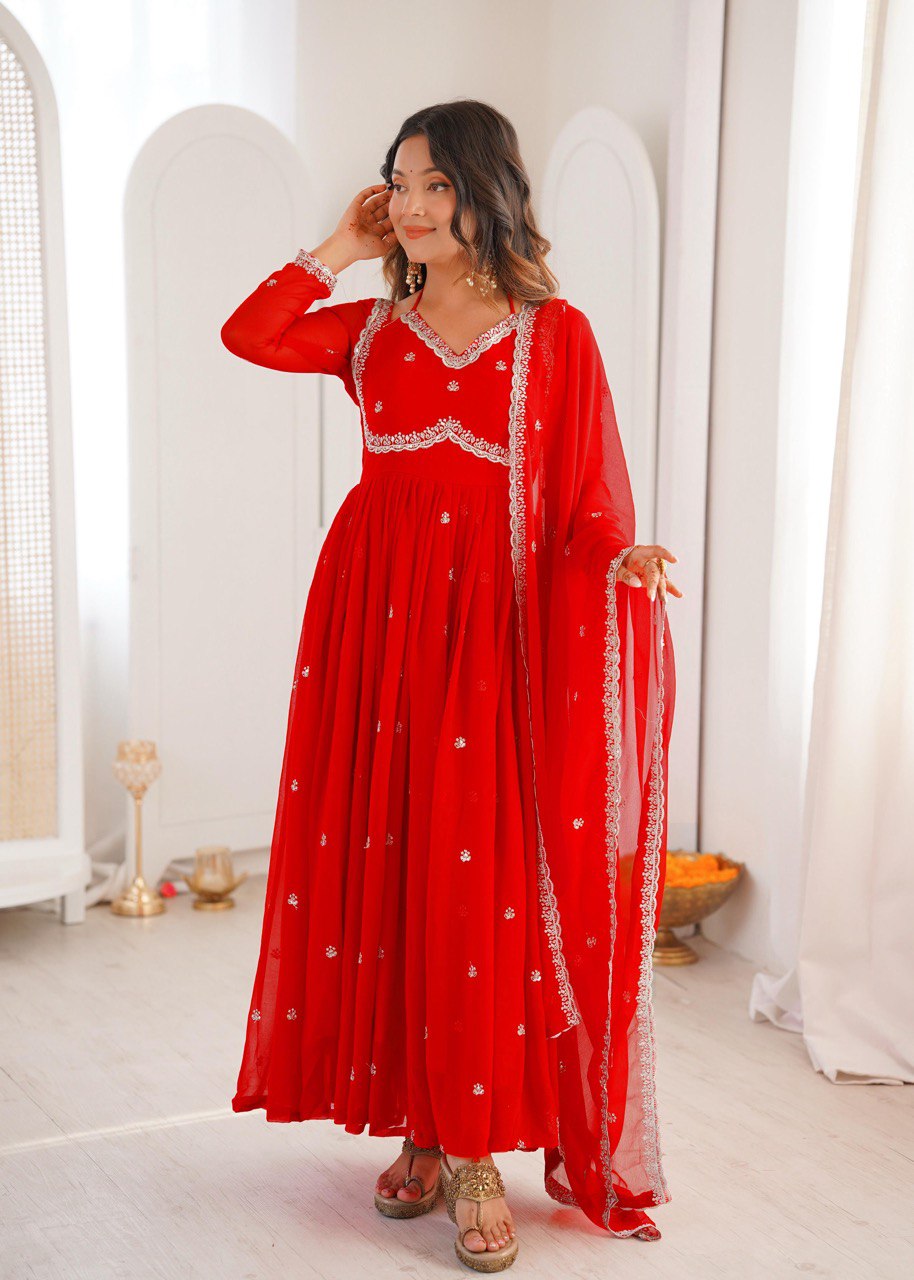 Elegant Georgette Gown Set with Pant & Embroidered Dupatta