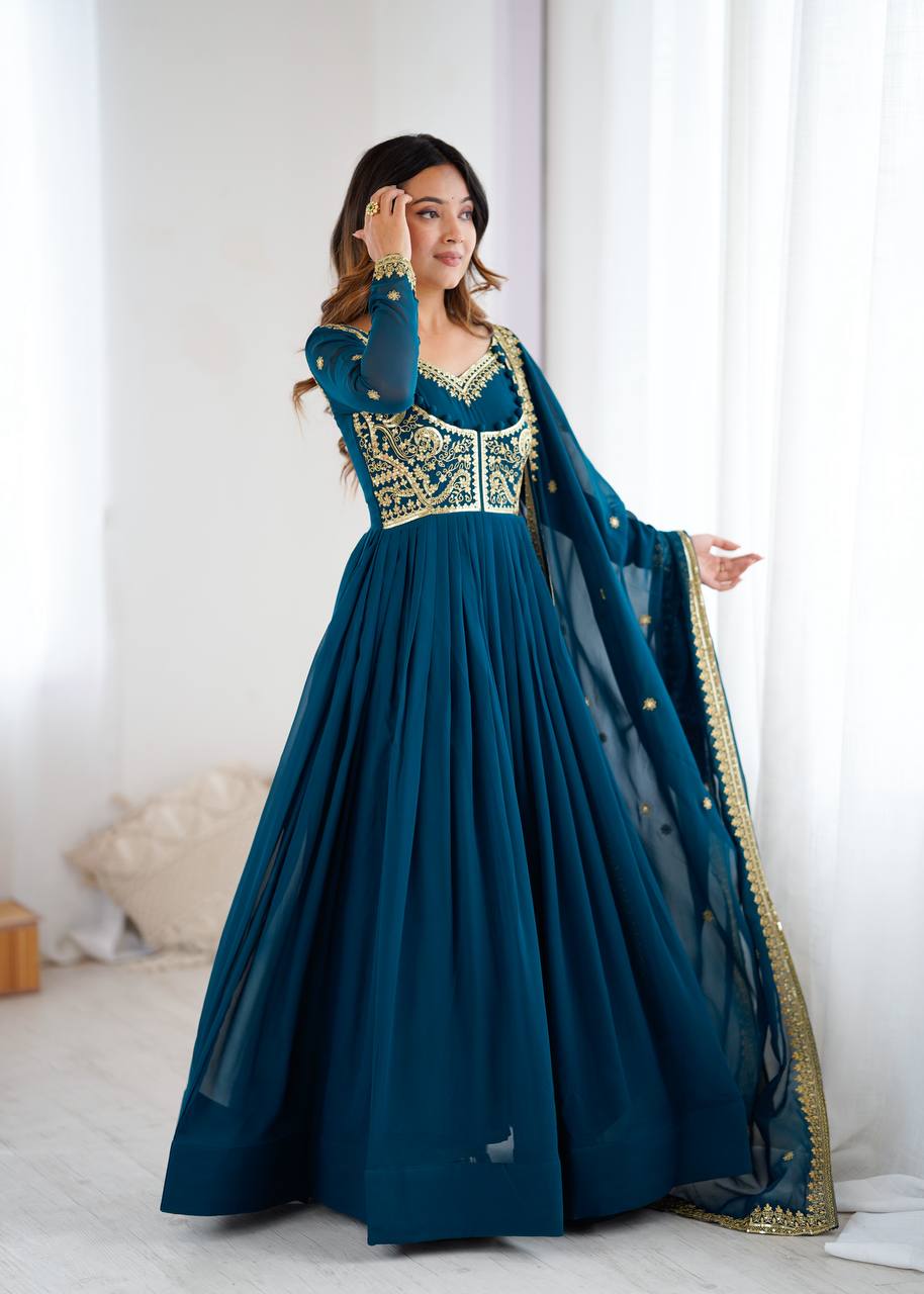 Designer Faux Georgette Suit Set with Pant & Embroidered Dupatta