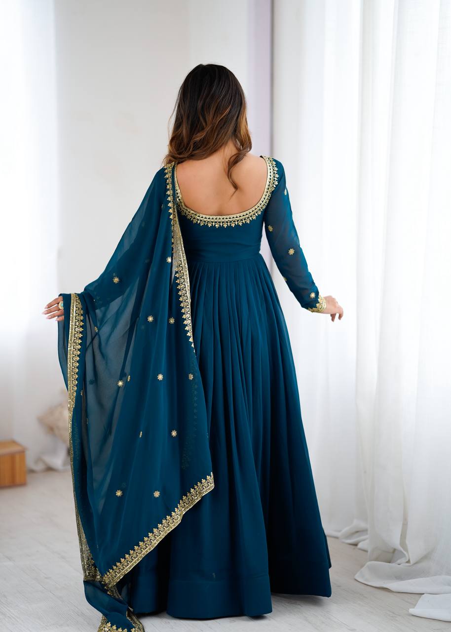 Designer Faux Georgette Suit Set with Pant & Embroidered Dupatta