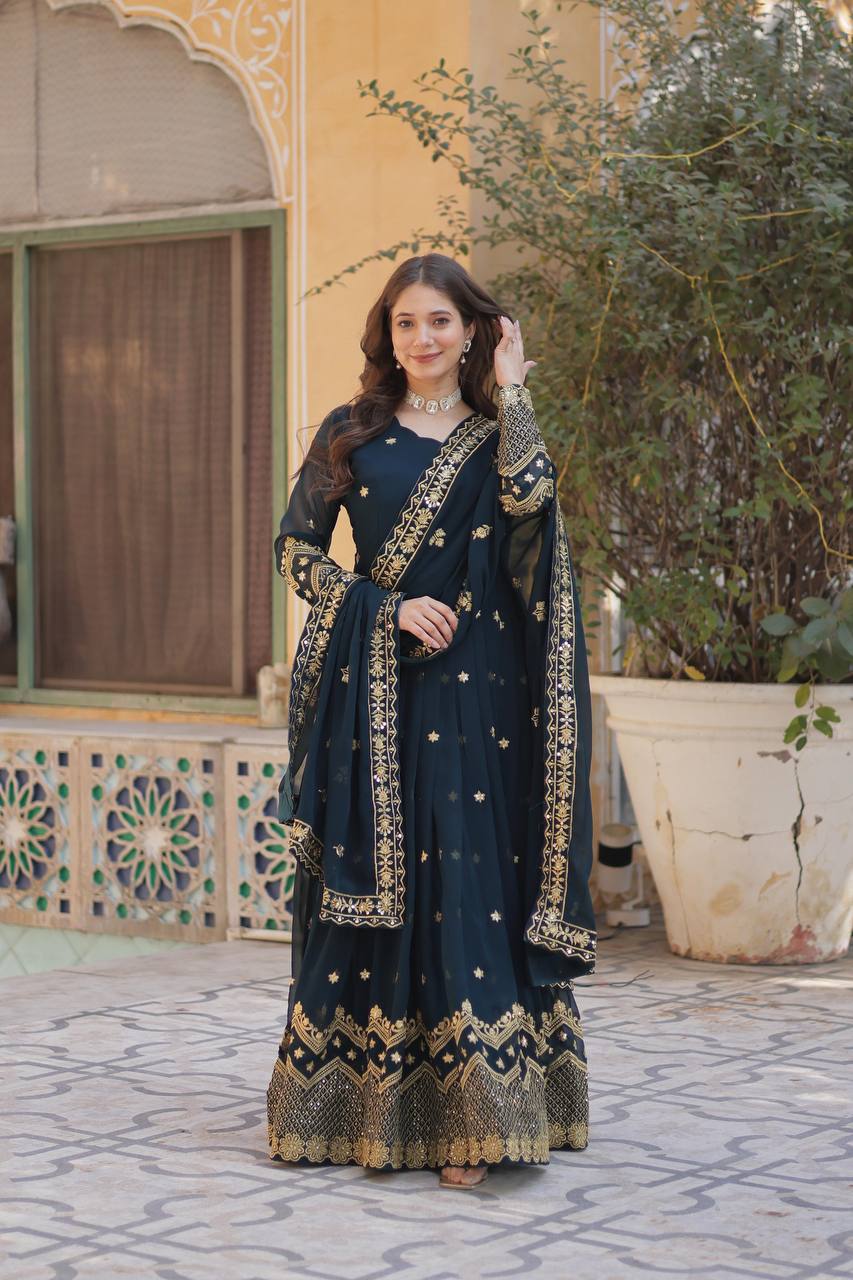 New Partywear Designer Faux Blooming Georgette Anarkali Gown