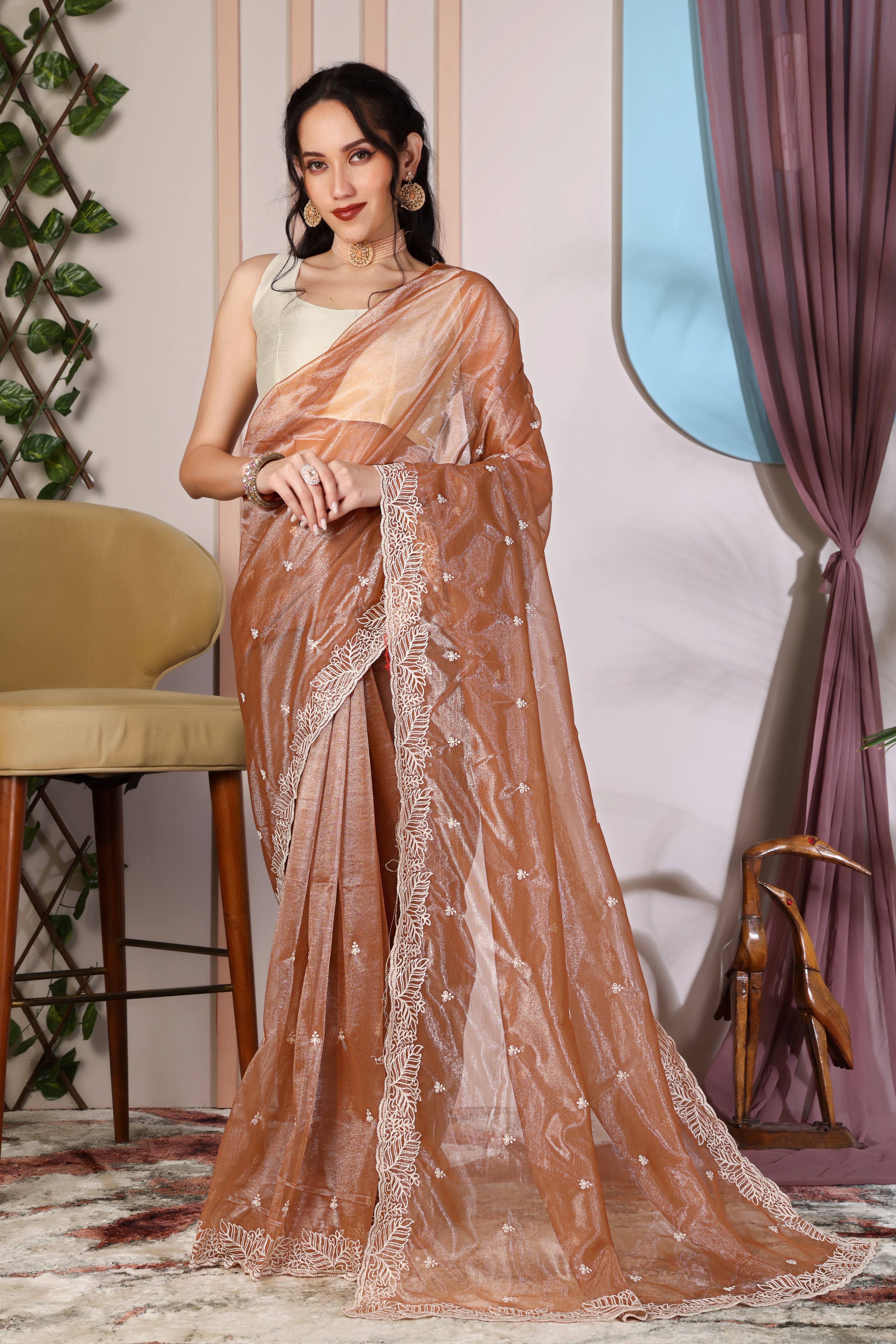 Premium Sheer Embroidered Saree with Elegant Lace Border – Party & Festive Wear