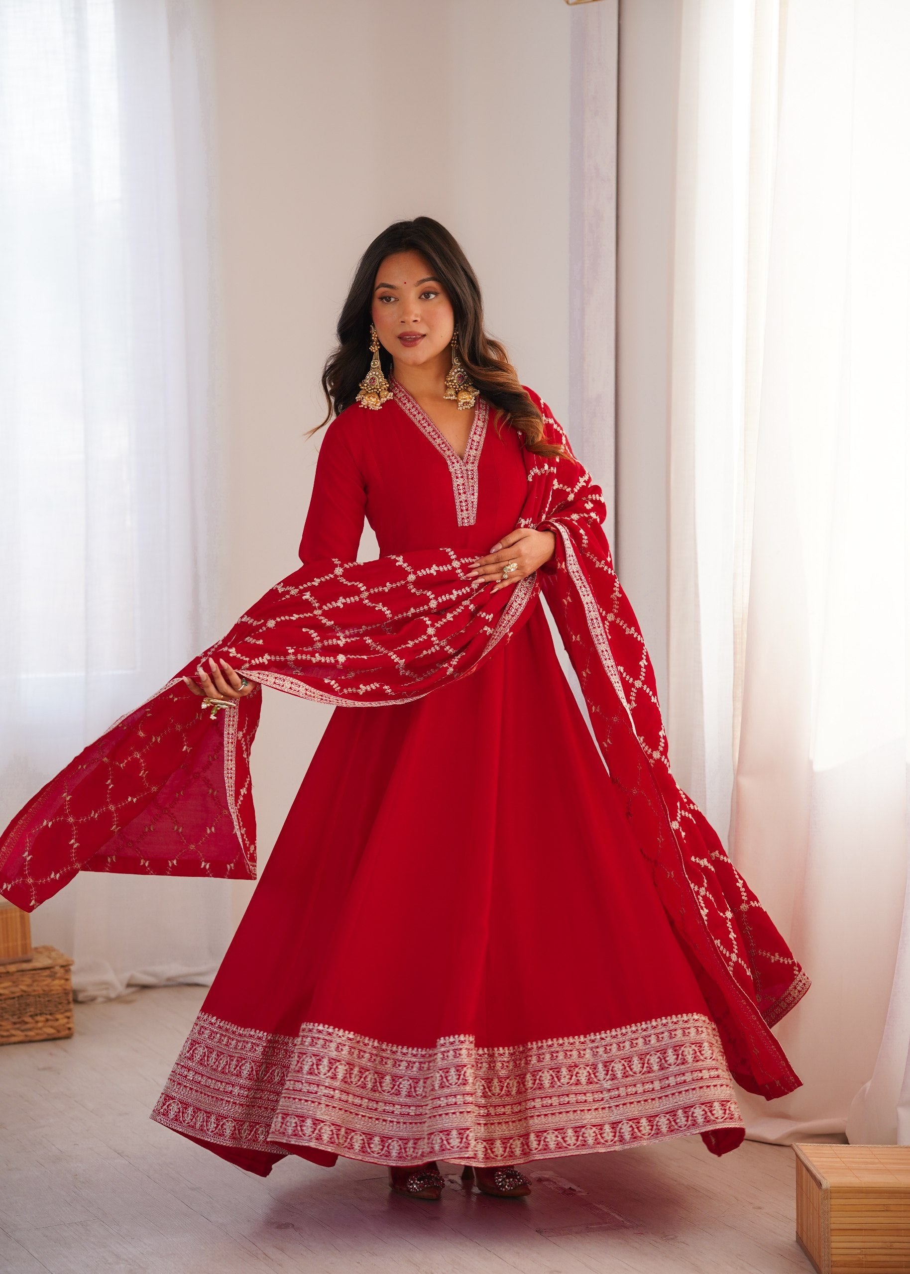 Women Red Embroidered Anarkali Suit Set with Dupatta | Festive & Wedding Ethnic Dress