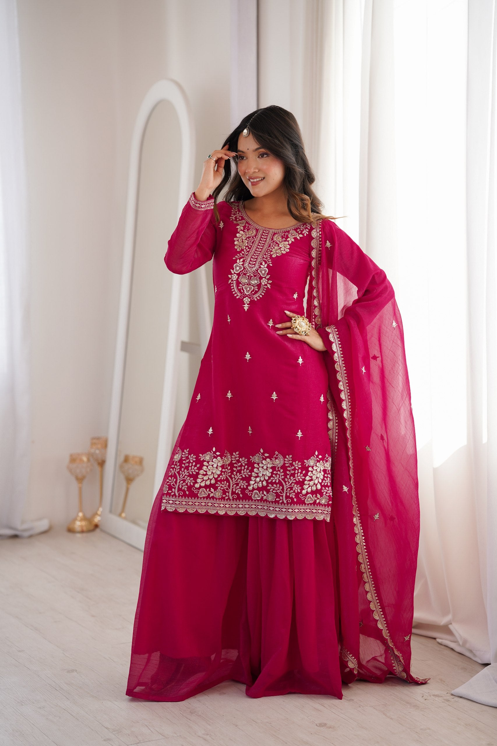Rani Pink Kurta Sharara Set with Dupatta | Festive & Wedding Wear Women