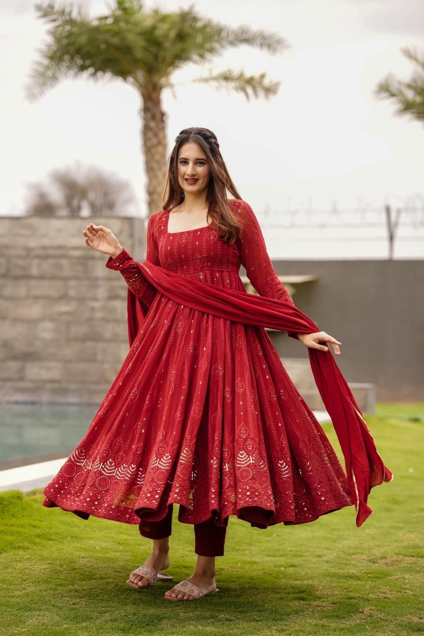 Sanaya's Black And Red Anarkali Suit Set-Fill Stiched