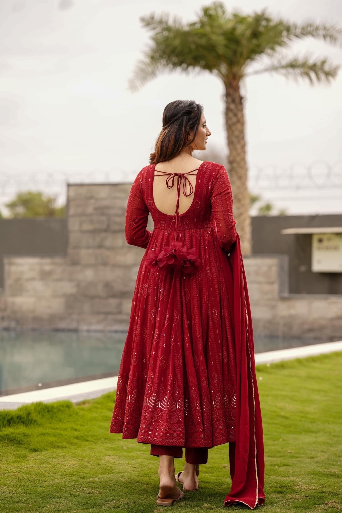 Sanaya's Black And Red Anarkali Suit Set-Fill Stiched