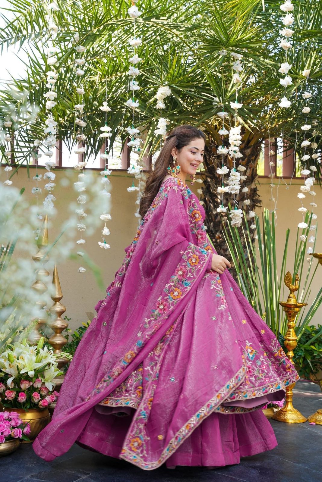 Dusty Rose Premium Designer Anarkali Gown Sharara Set