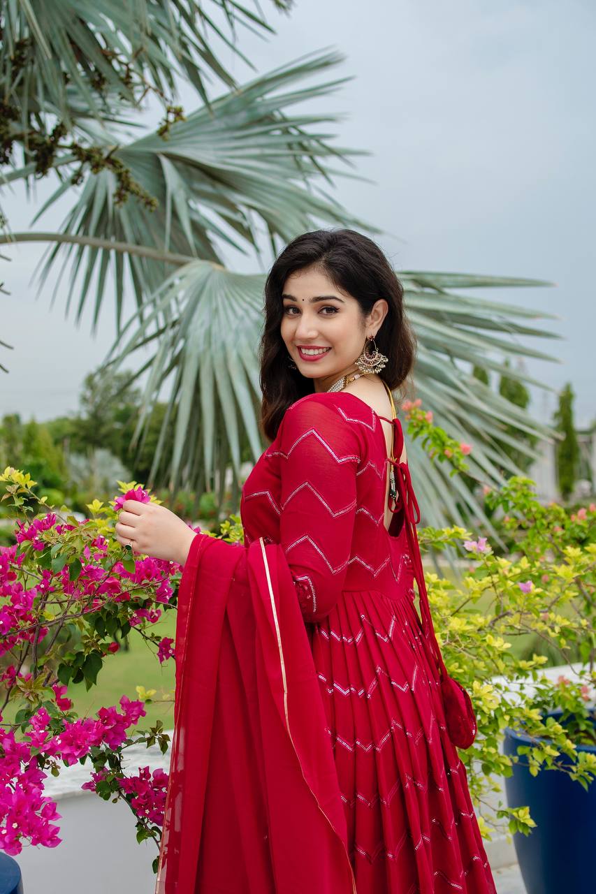 New PartyWear Beautiful Red Color Faux Georgette with all-over embroidery work Anarkali Set