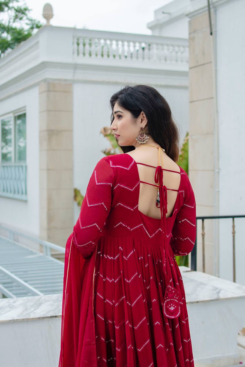 New PartyWear Beautiful Red Color Faux Georgette with all-over embroidery work Anarkali Set