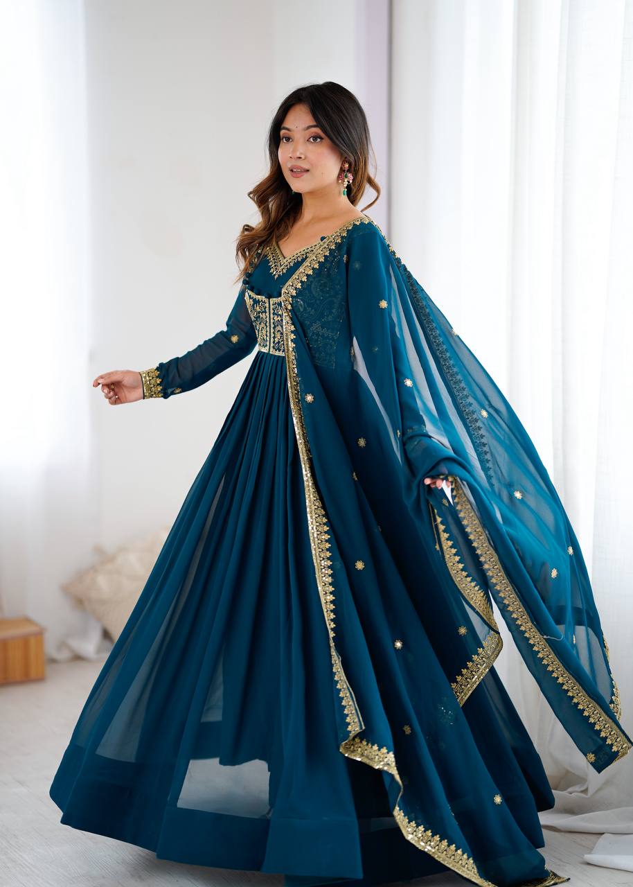 Designer Faux Georgette Suit Set with Pant & Embroidered Dupatta