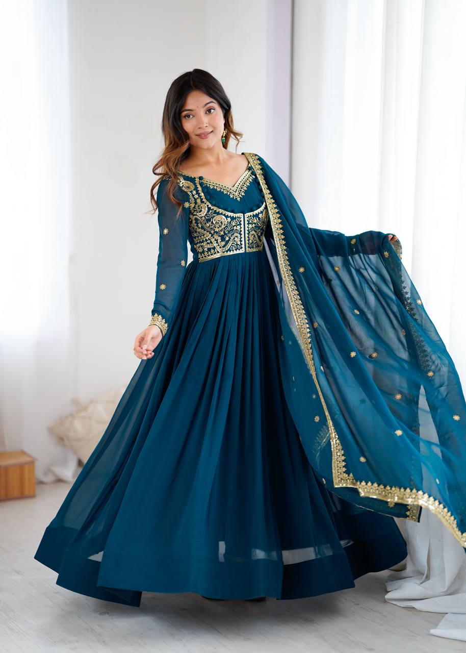 Designer Faux Georgette Suit Set with Pant & Embroidered Dupatta
