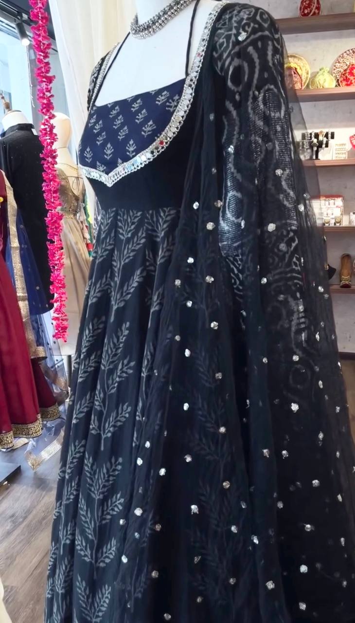 Classic Neavy Blue Block Print Muslin Cotton Anarkali Set