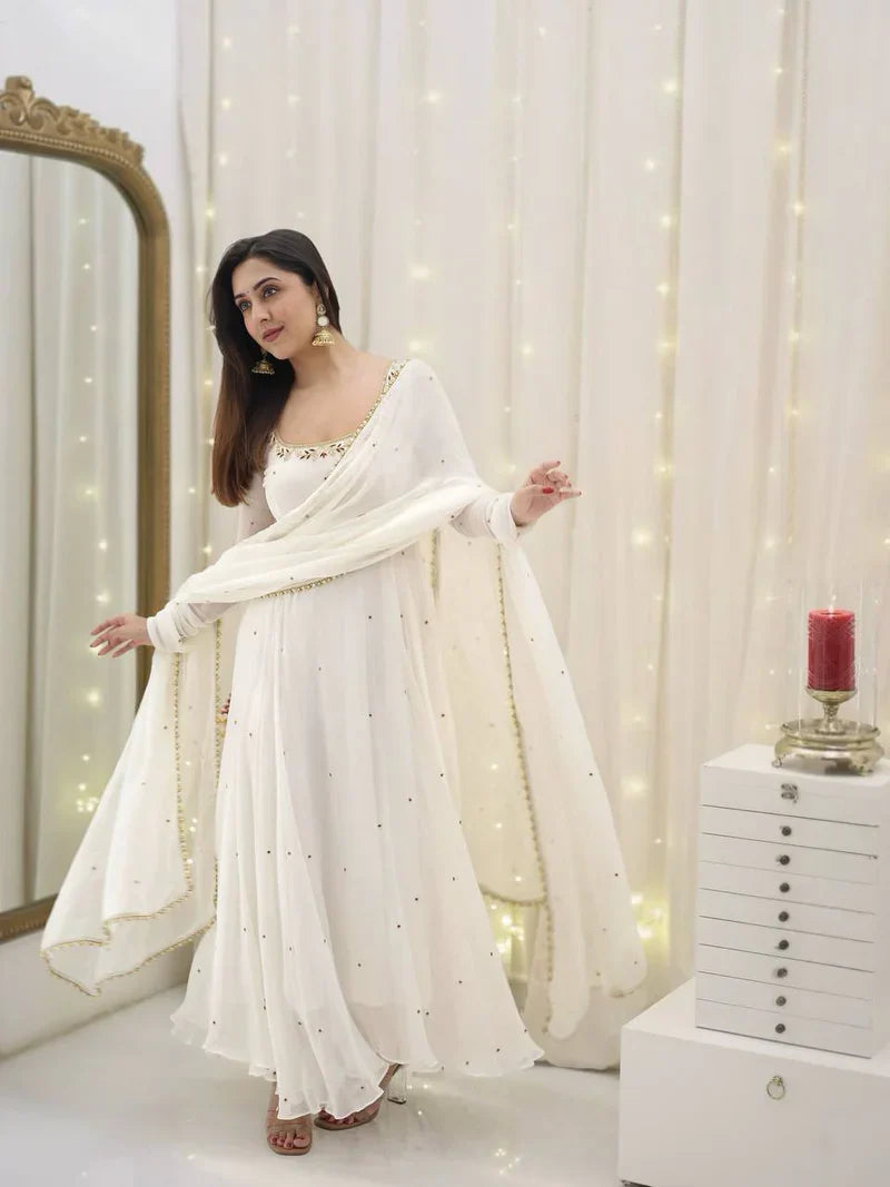 New Designer Collection In Faux Georgette With Embroidery Sequence Work Gown And Dupatta Set Fully Stitched Ready To Wear