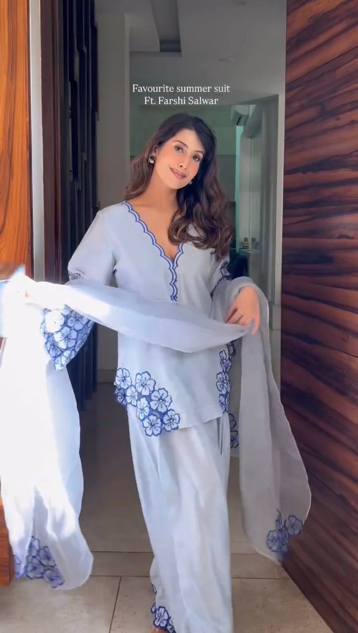 Pure Natural Crepe Top & Farshi Palazzo With Dupatta