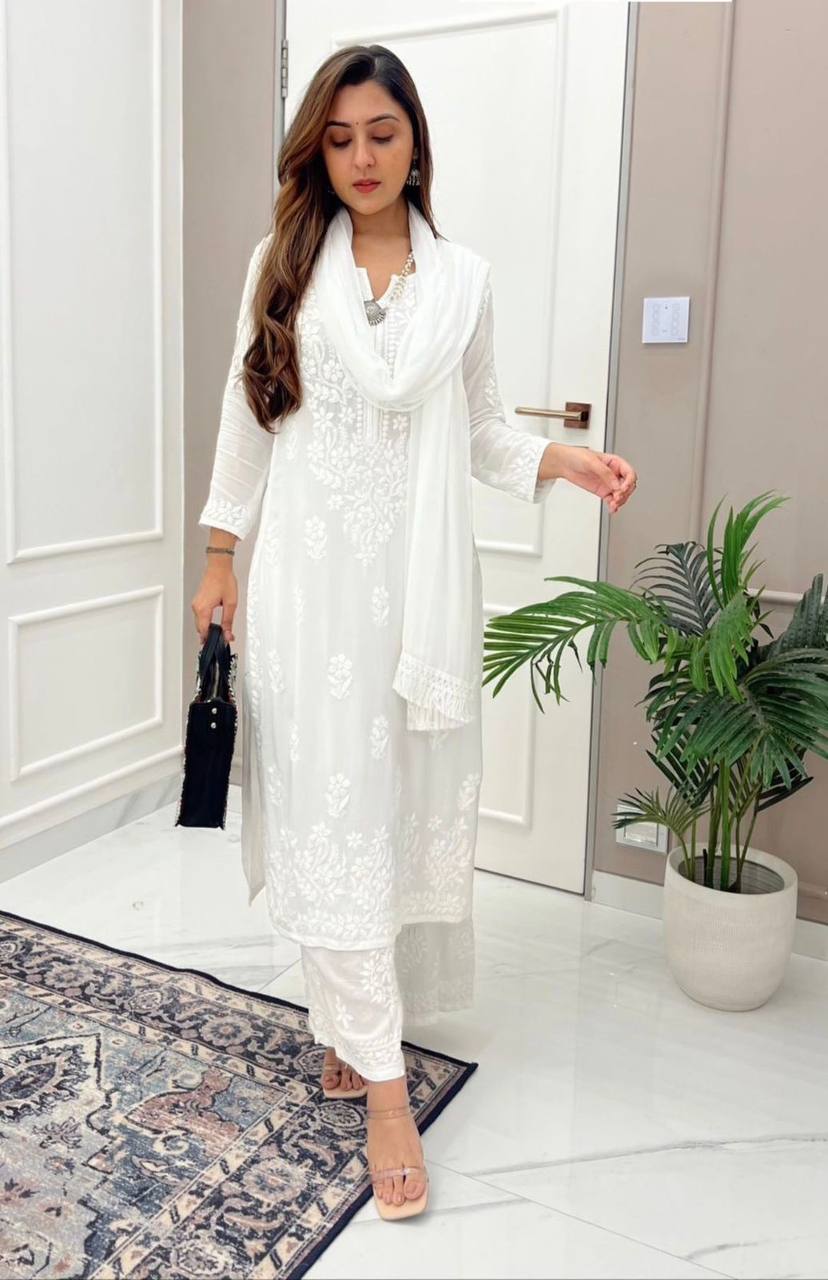 White Designer Chikankari Kurta With Pant Set