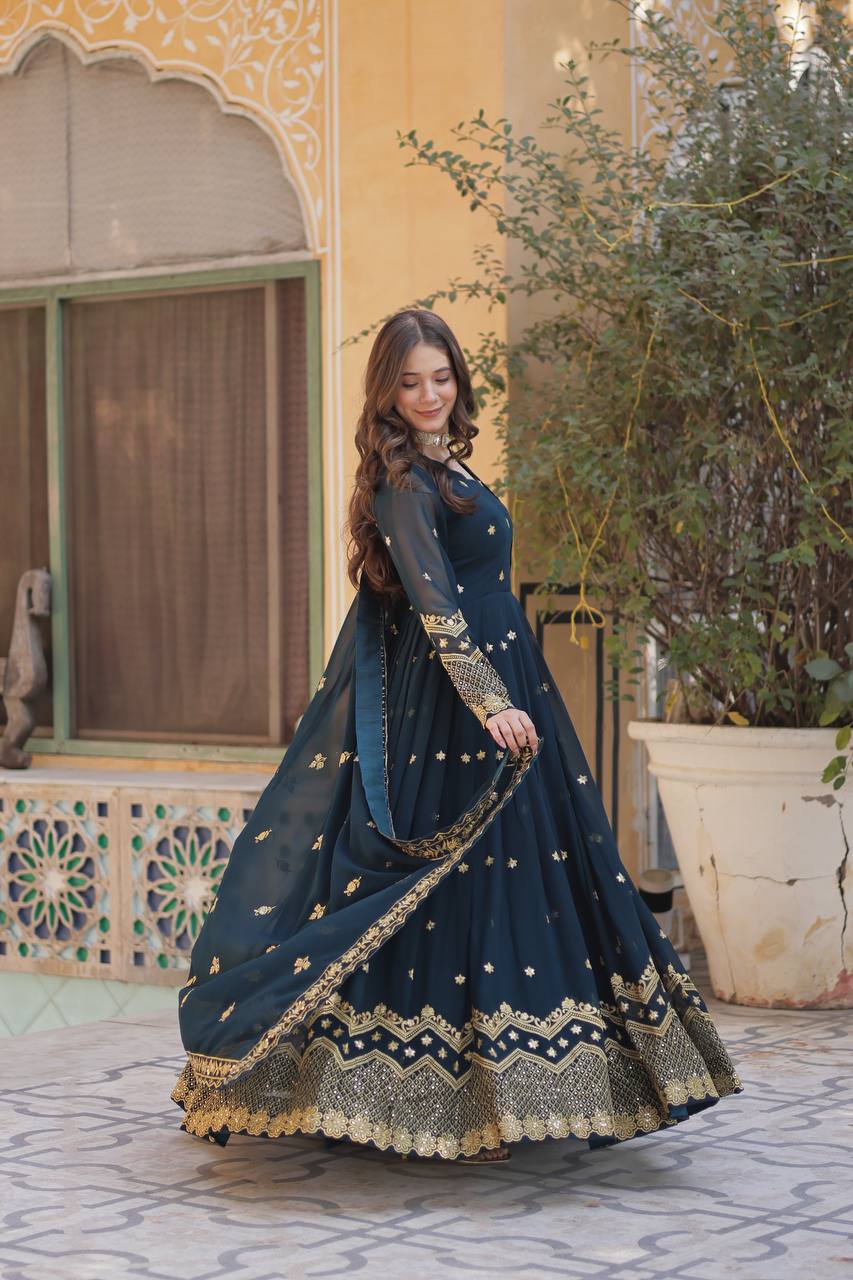 New Partywear Designer Faux Blooming Georgette Anarkali Gown